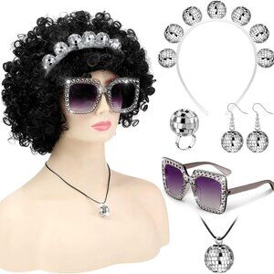 Glamorous 70s Women's Disco Costume Set with Wig & Reflective Jewelry